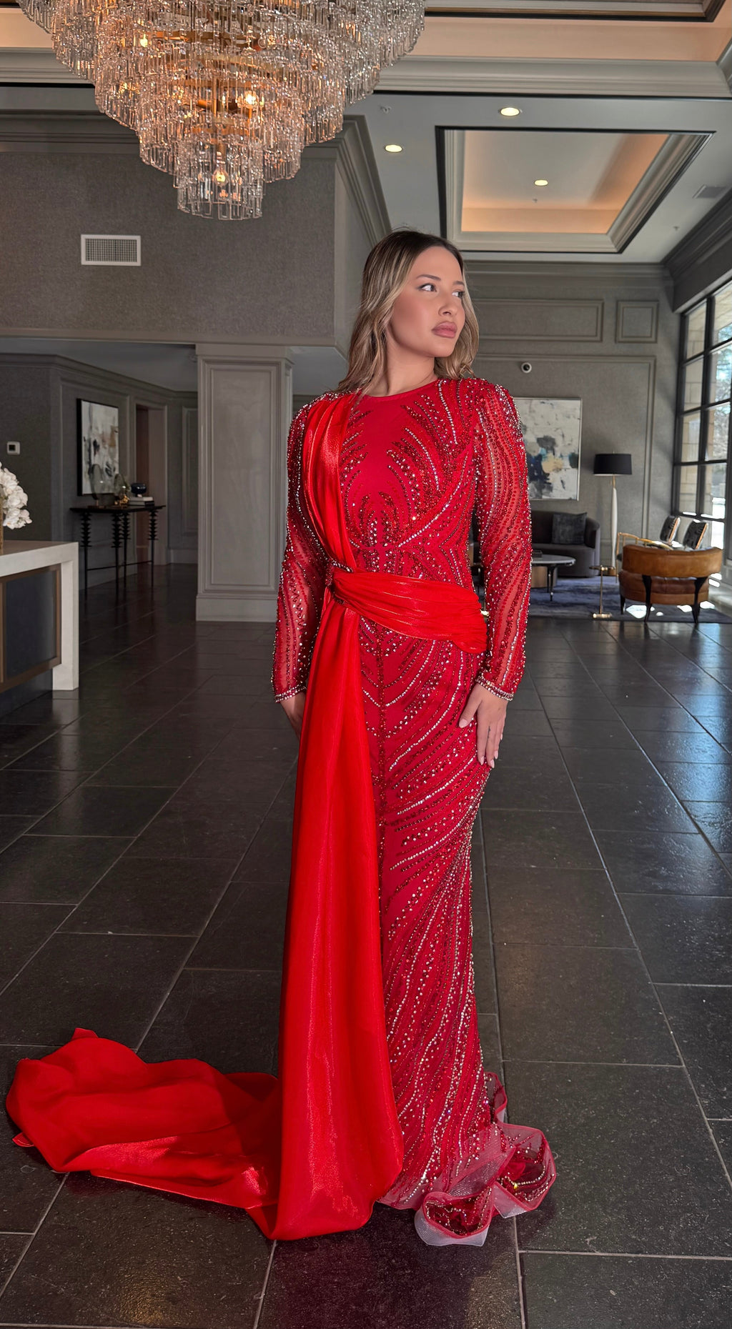 modest sequin dress Ruba Sequin Modest Neckline with Long Side Organza Side Skirt