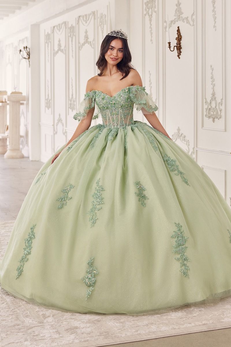 15725 OFF THE SHOULDER FLUTTER SLEEVE BALL GOWN SAGE / XL