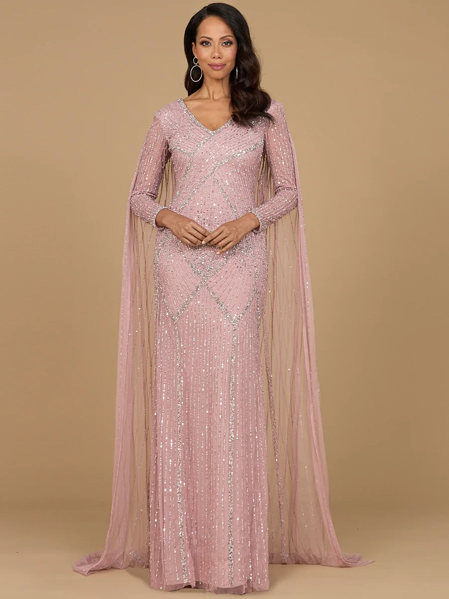 28956 Long Sleeve Beaded Gown with Cape