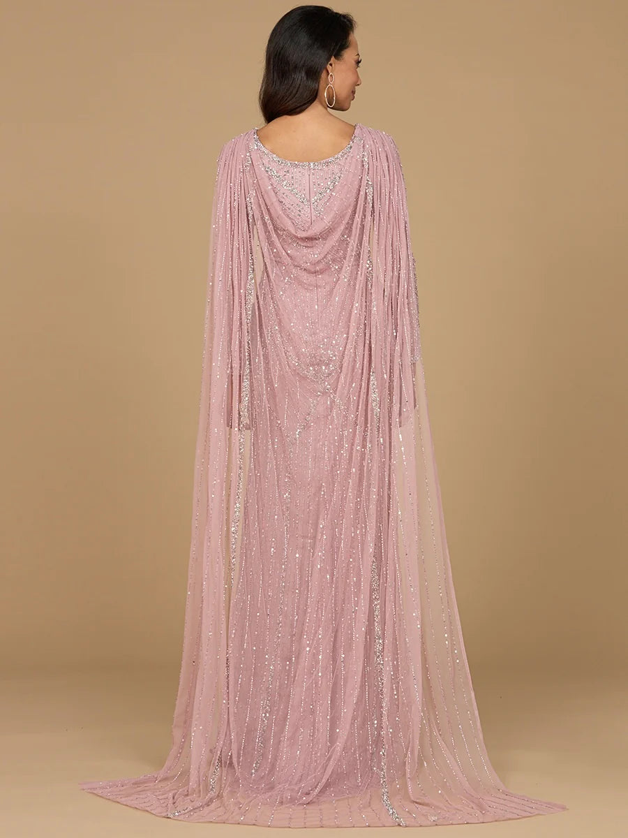 28956 Long Sleeve Beaded Gown with Cape