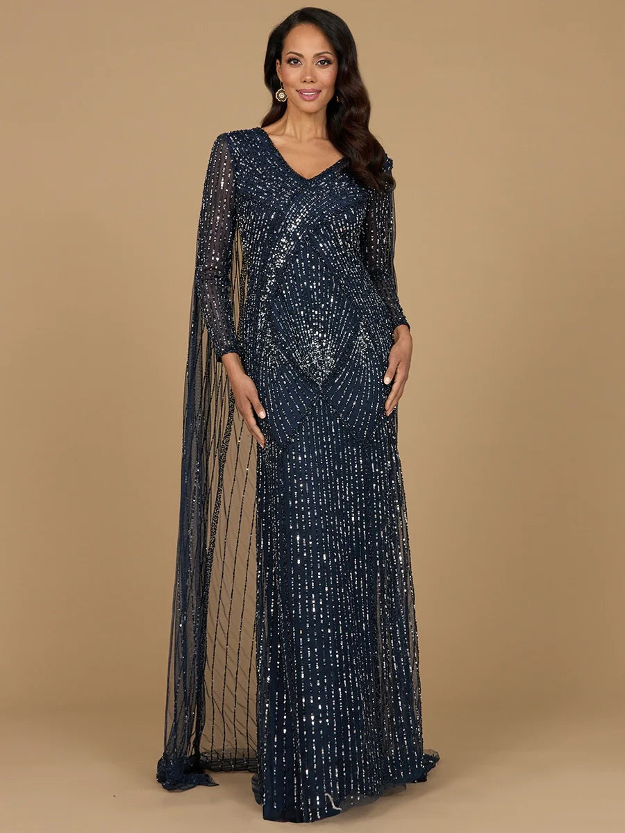 28956 Long Sleeve Beaded Gown with Cape