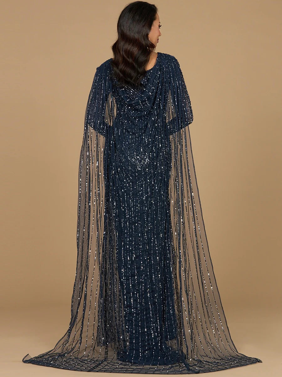 28956 Long Sleeve Beaded Gown with Cape