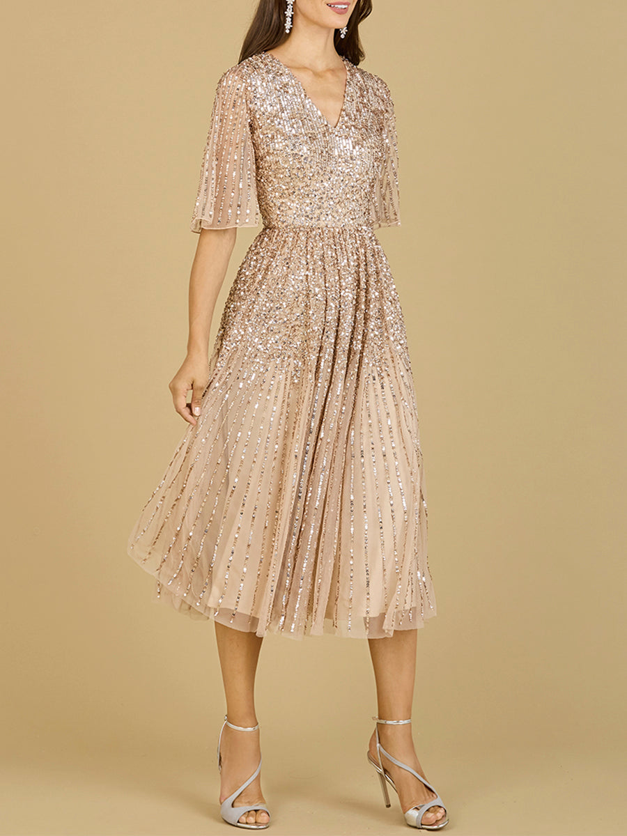 Lara Women's Flowing, Sequin Midi Dress with Short Sleeves - Periwinkle