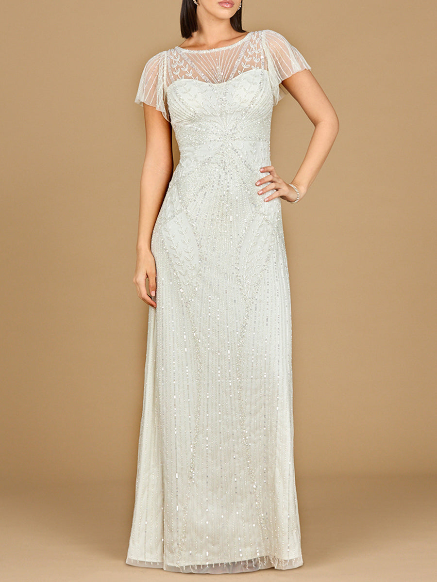 beaded flutter sleeve wedding dress V-back Wedding Dress with Flutter Sleeves