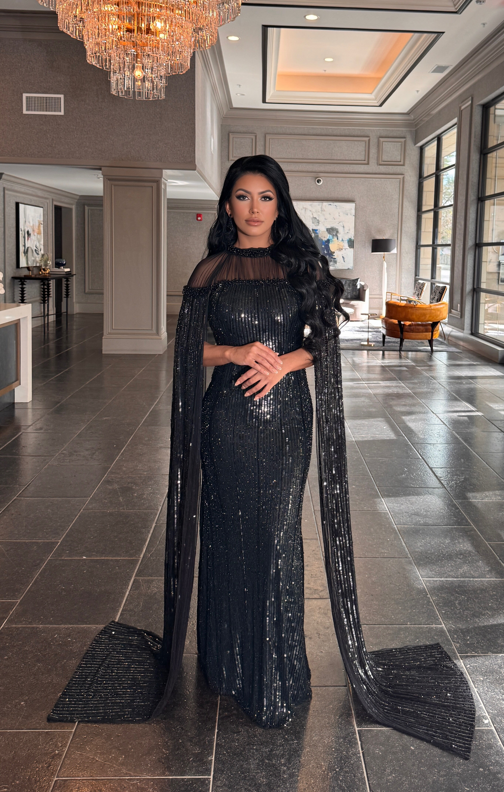 Hosna Long Sleeve drape Sequin Embellished Modest Dress – SARAH FASHION
