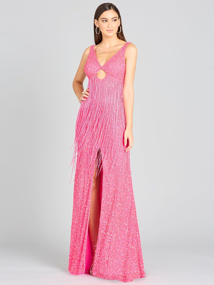 pink fringe sequin dress Sequin Fringe Gown With Plunging Neckline and Side Cutouts