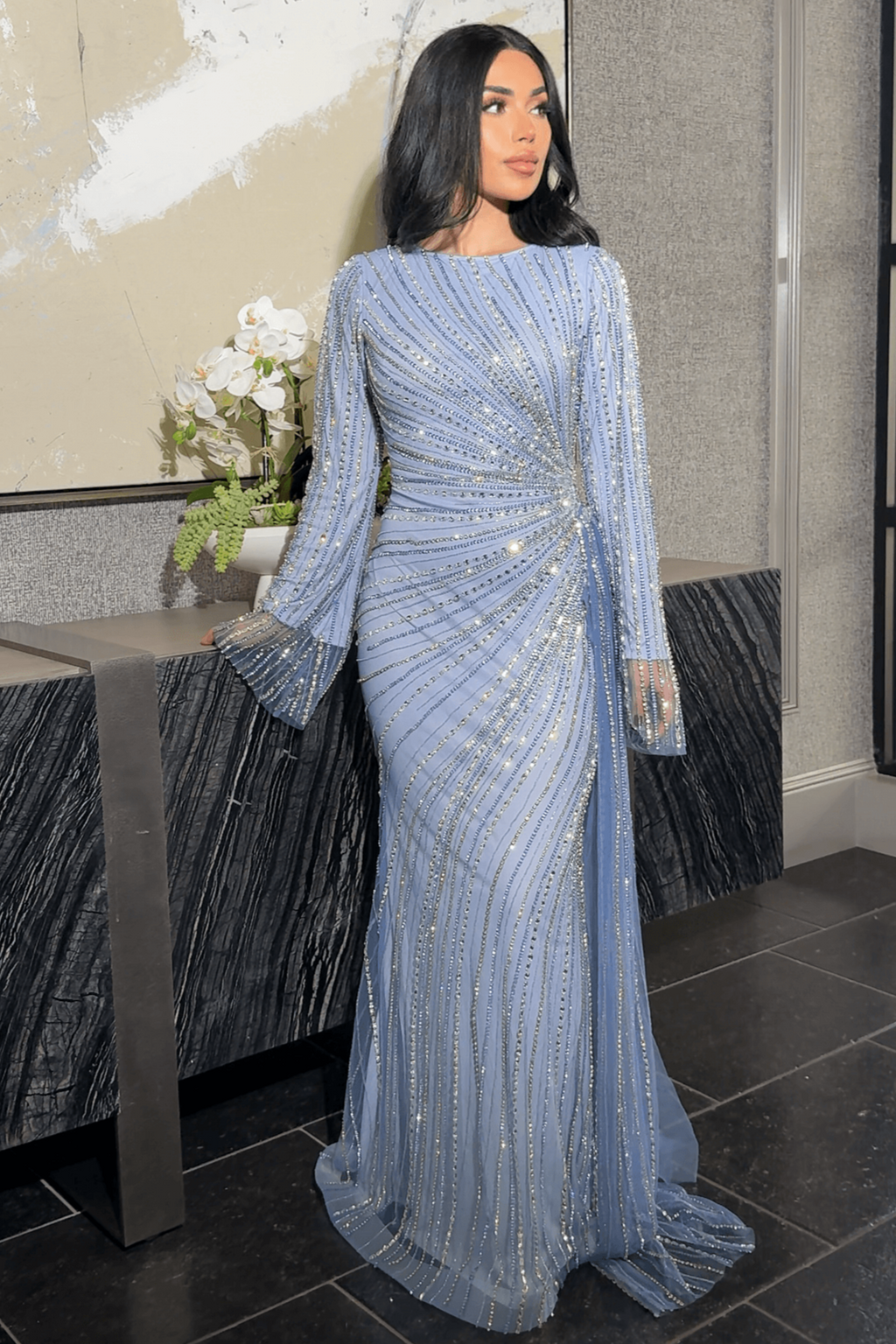 modest long sleeve evening dresses Abira Sequin Modest Neckline Long Sleeve Embellished Dress With Side S –  SARAH FASHION