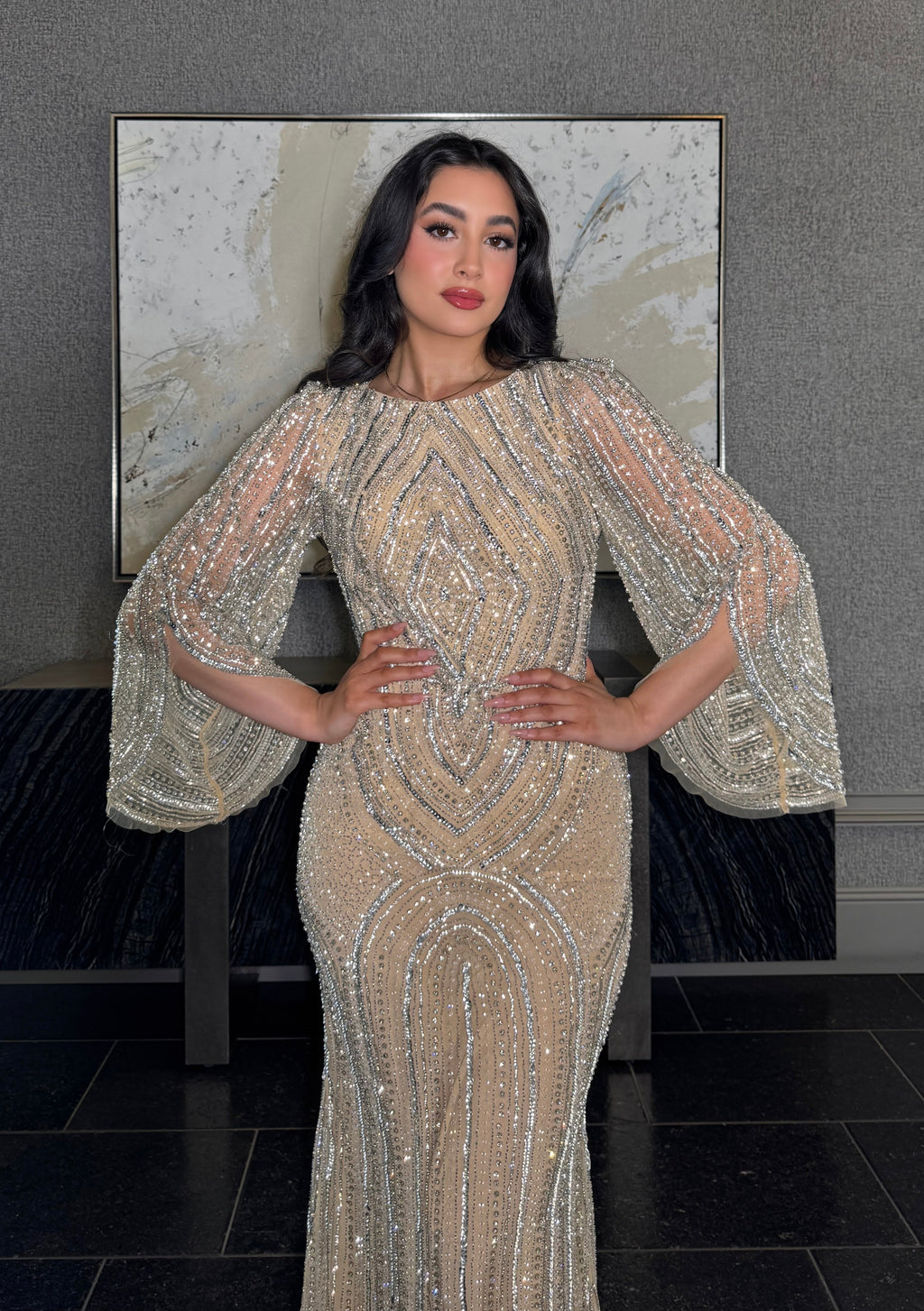 modest beaded dress Luxury Nude Muslin Modest Beaded Evening Dress with Cape LA73271 Nude / 16