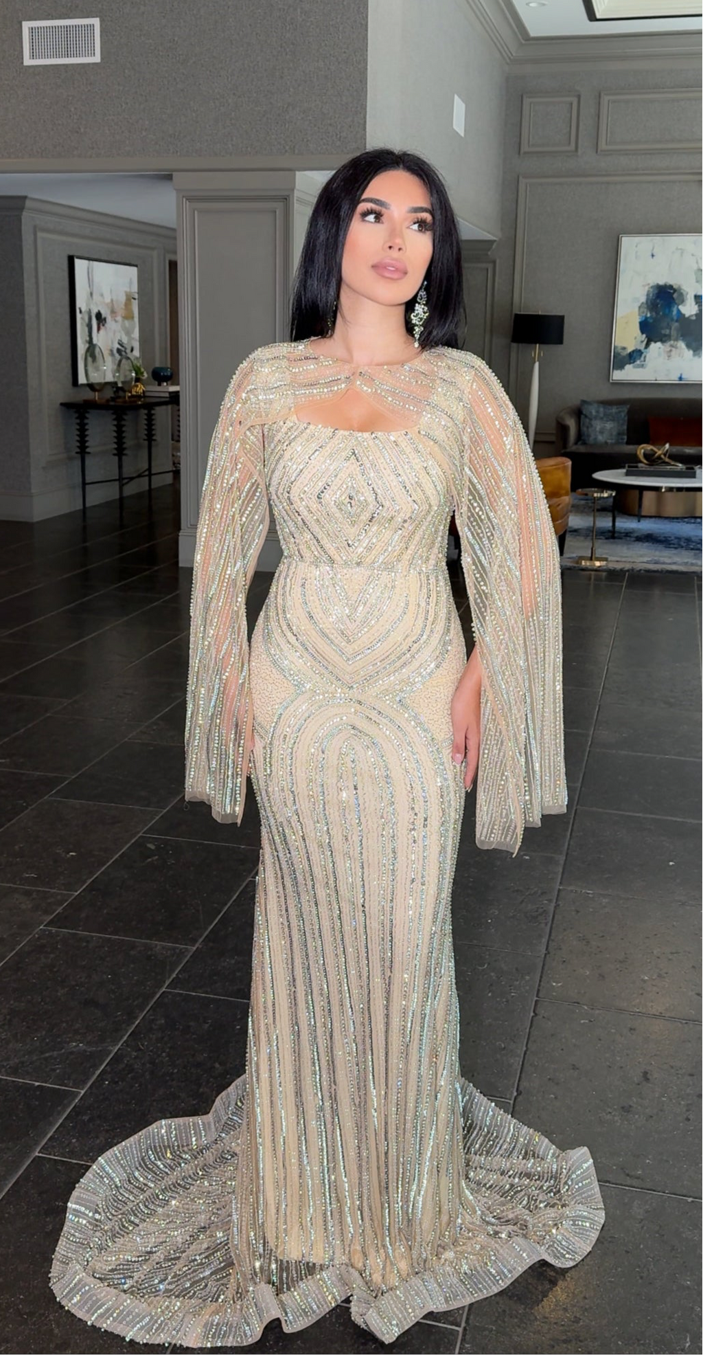 beaded cape dress Linah Embellished Mesh Length Size:XL 17.5 Neck /36-37 Sleeve Reiss Asymmetric Bodycon Midi kr-retail