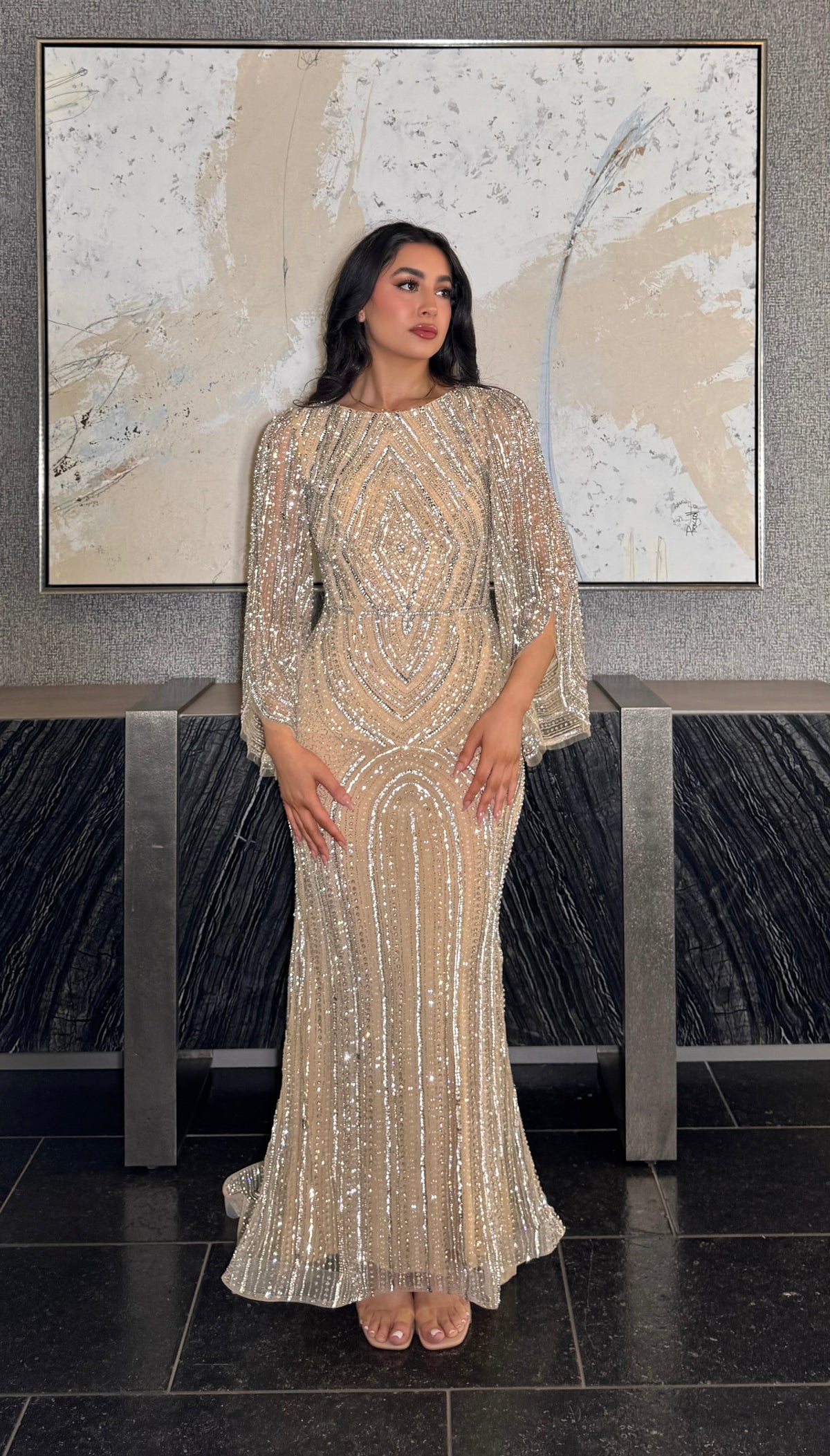 Anisa Modest Long Flare Wrist Sleeve Beaded Mermaid Gown