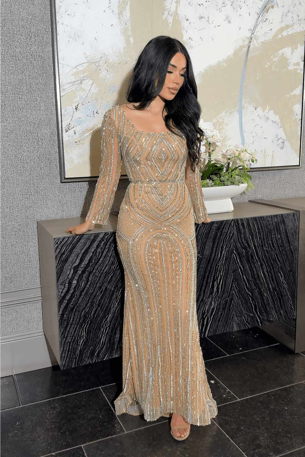 Reema Sequin Modest Square Neckline Long Sleeve Embellished Dress – SARAH FASHION