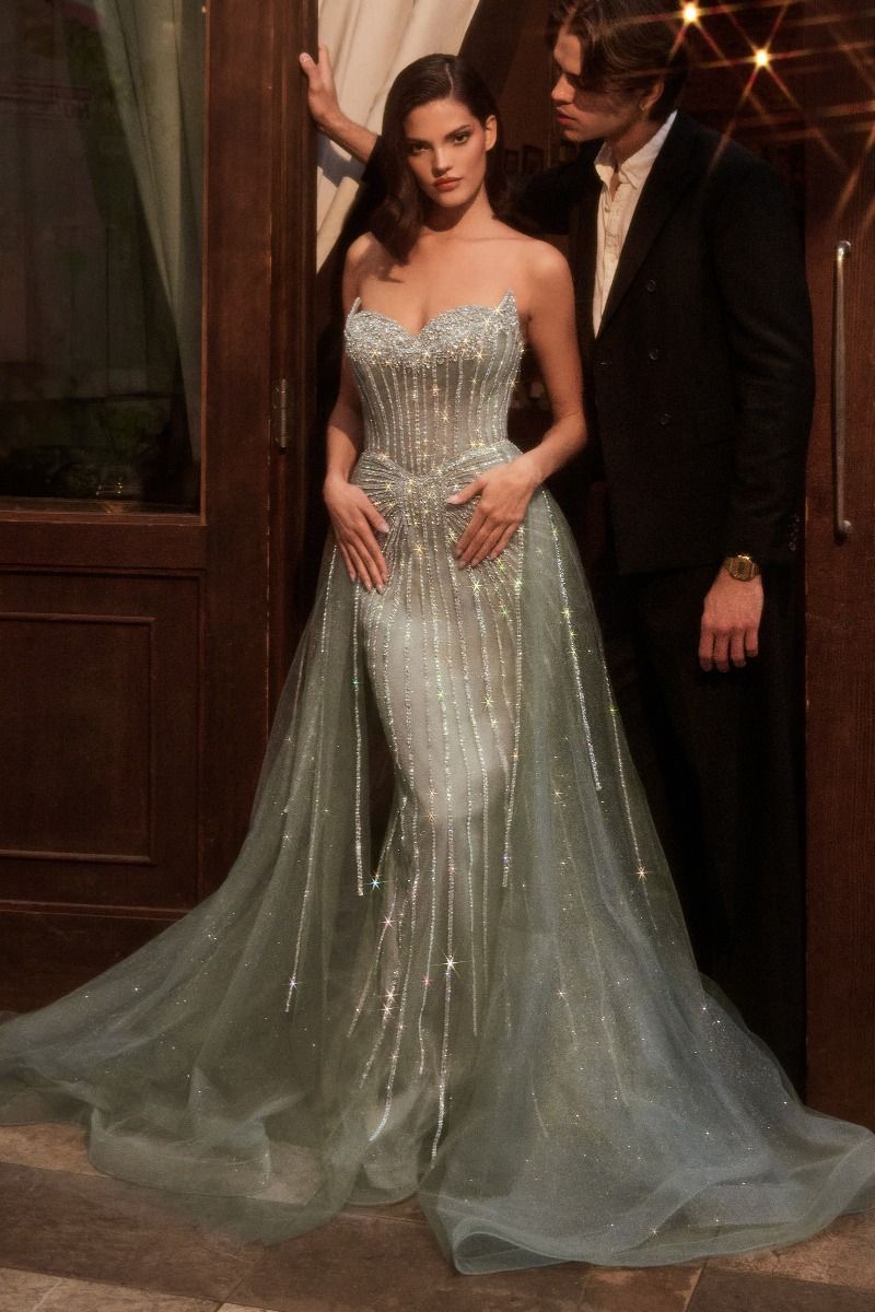 CB158 STRAPLESS CRYSTAL EMBELLISHED GOWN WITH OVERSKIRT