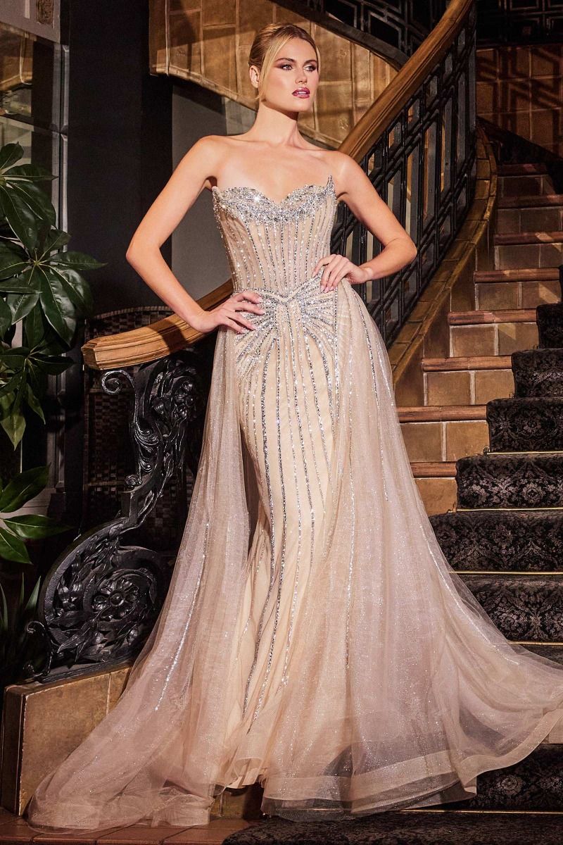 CB158 STRAPLESS CRYSTAL EMBELLISHED GOWN WITH OVERSKIRT