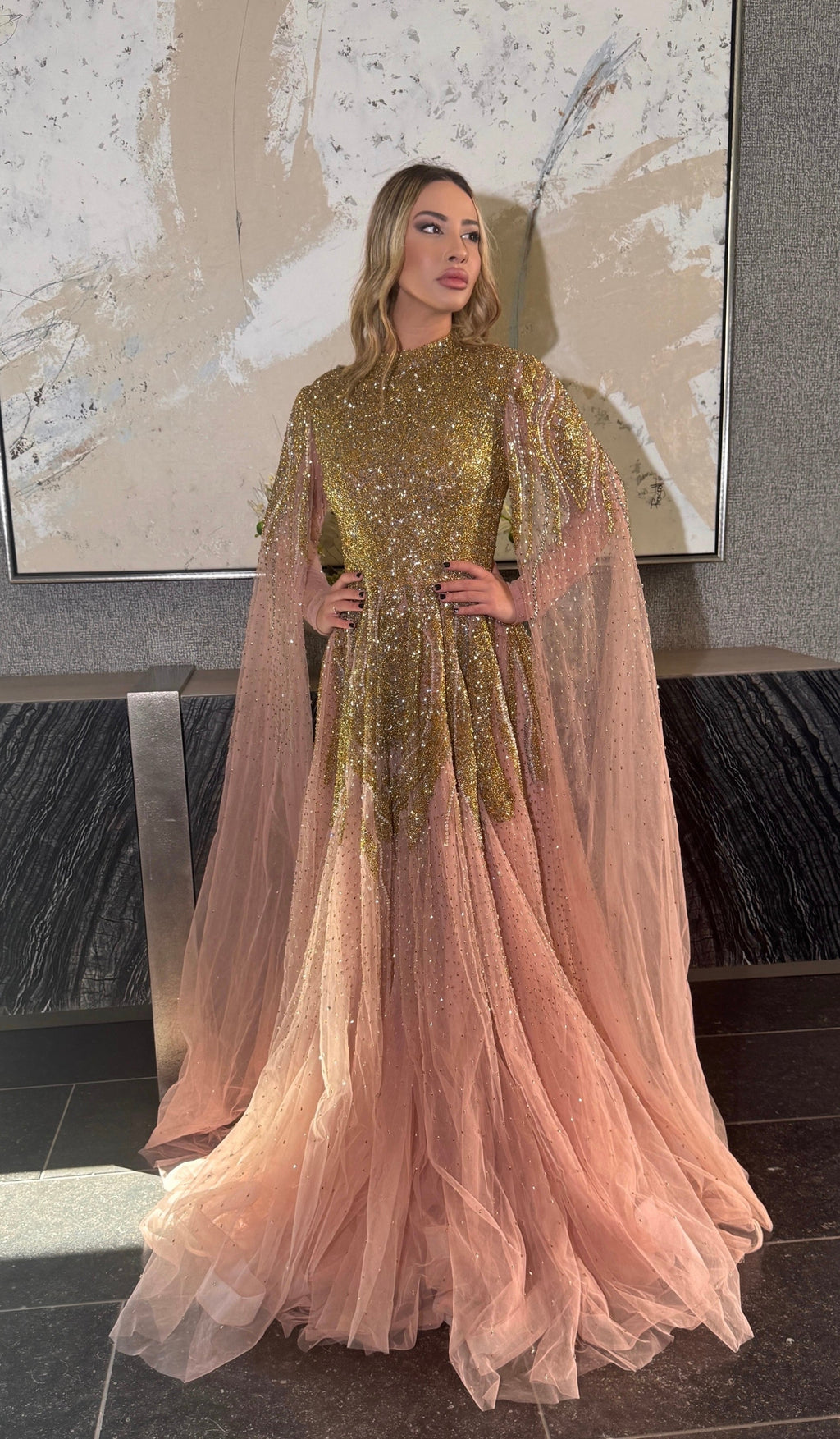 knee length dresses for ladies Arwa Modest Long Drape Sleeves Beaded A-line Gown – SARAH FASHION