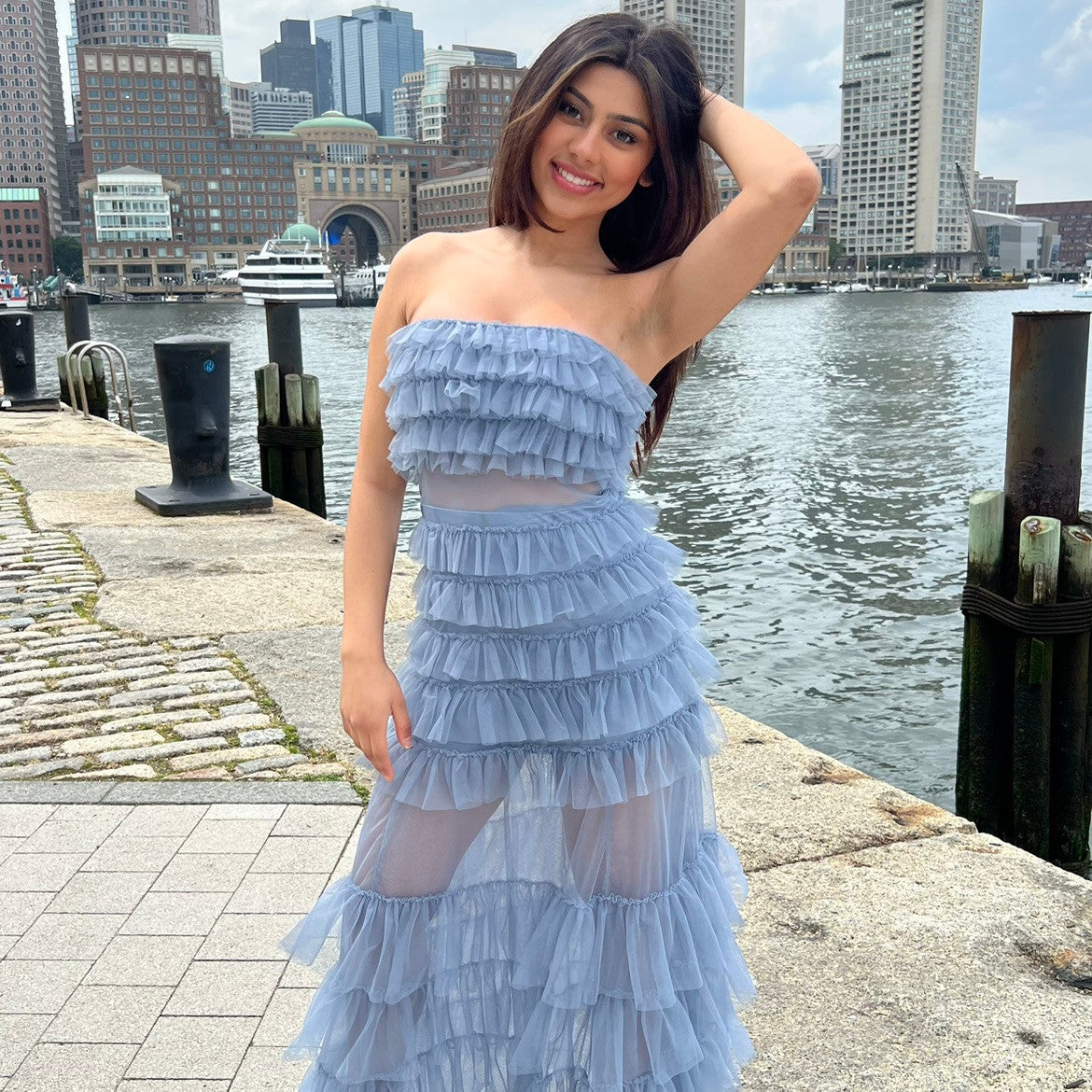 Georgia Maxi Dress - Smoky Blue - Ruffle Tulle Dress With Sheer Detail - FINAL SALE