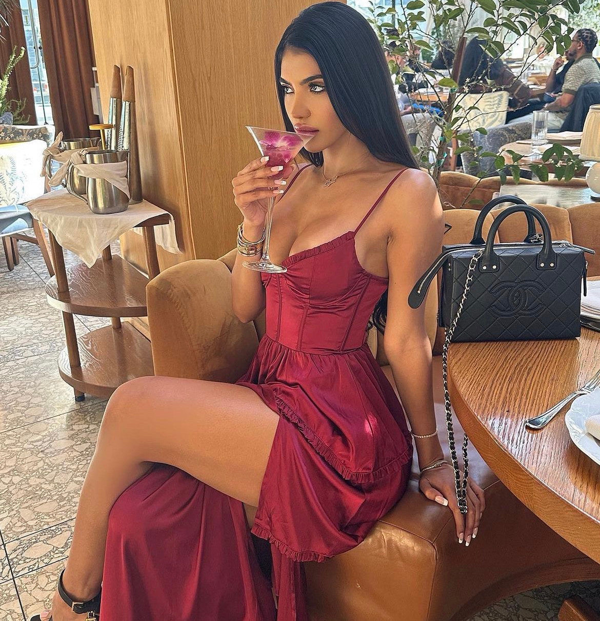 Maeve Corset Midi Dress - Burgundy Satin