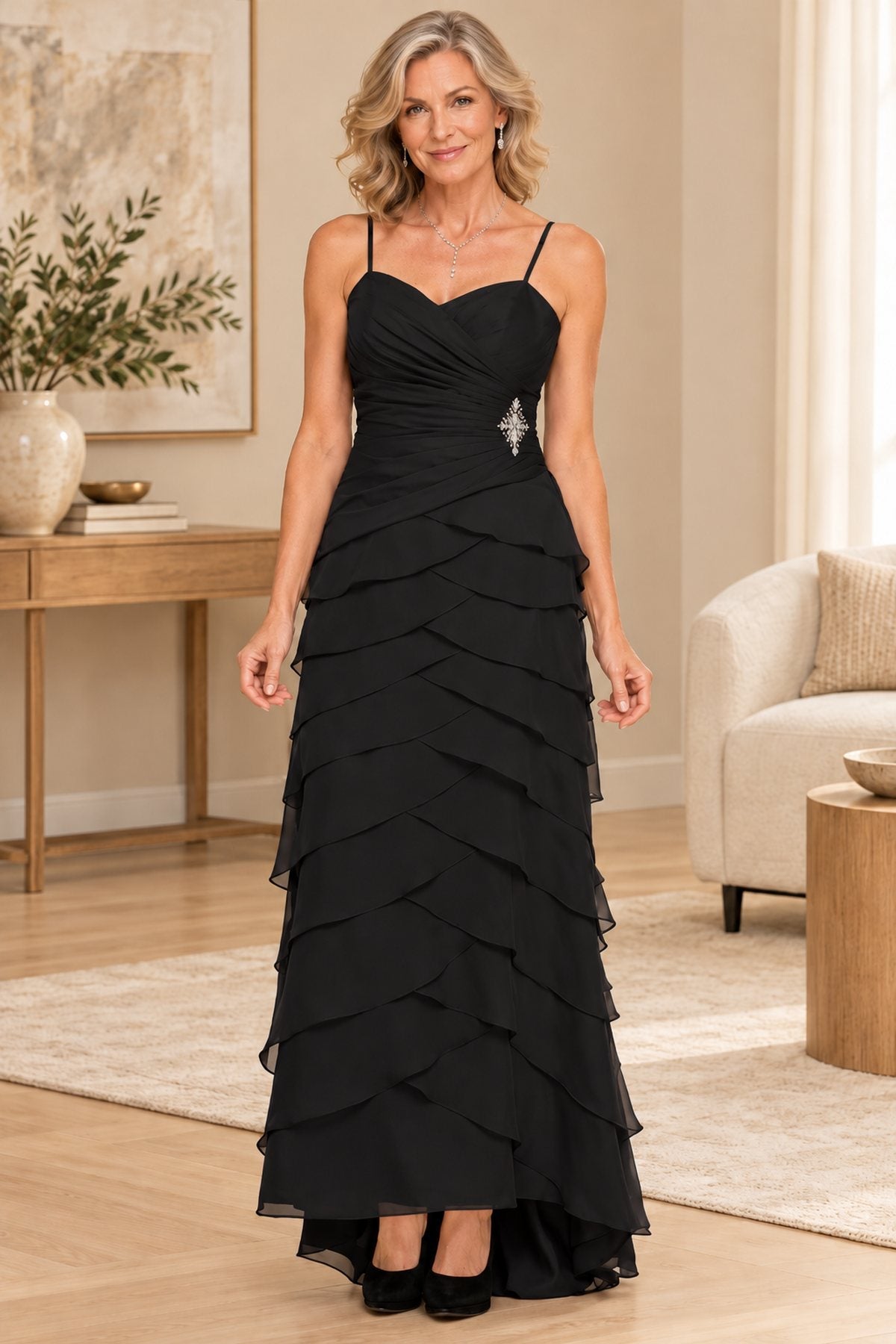 CLEARANCE - Juliet 1044 Spaghetti Strap Chiffon Formal Dress Multi Ruffle Hem (Size 3XL)