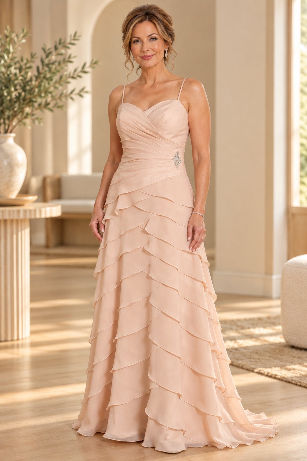 CLEARANCE - Juliet 1044 Spaghetti Strap Chiffon Formal Dress Multi Ruffle Hem (Size 4XL)
