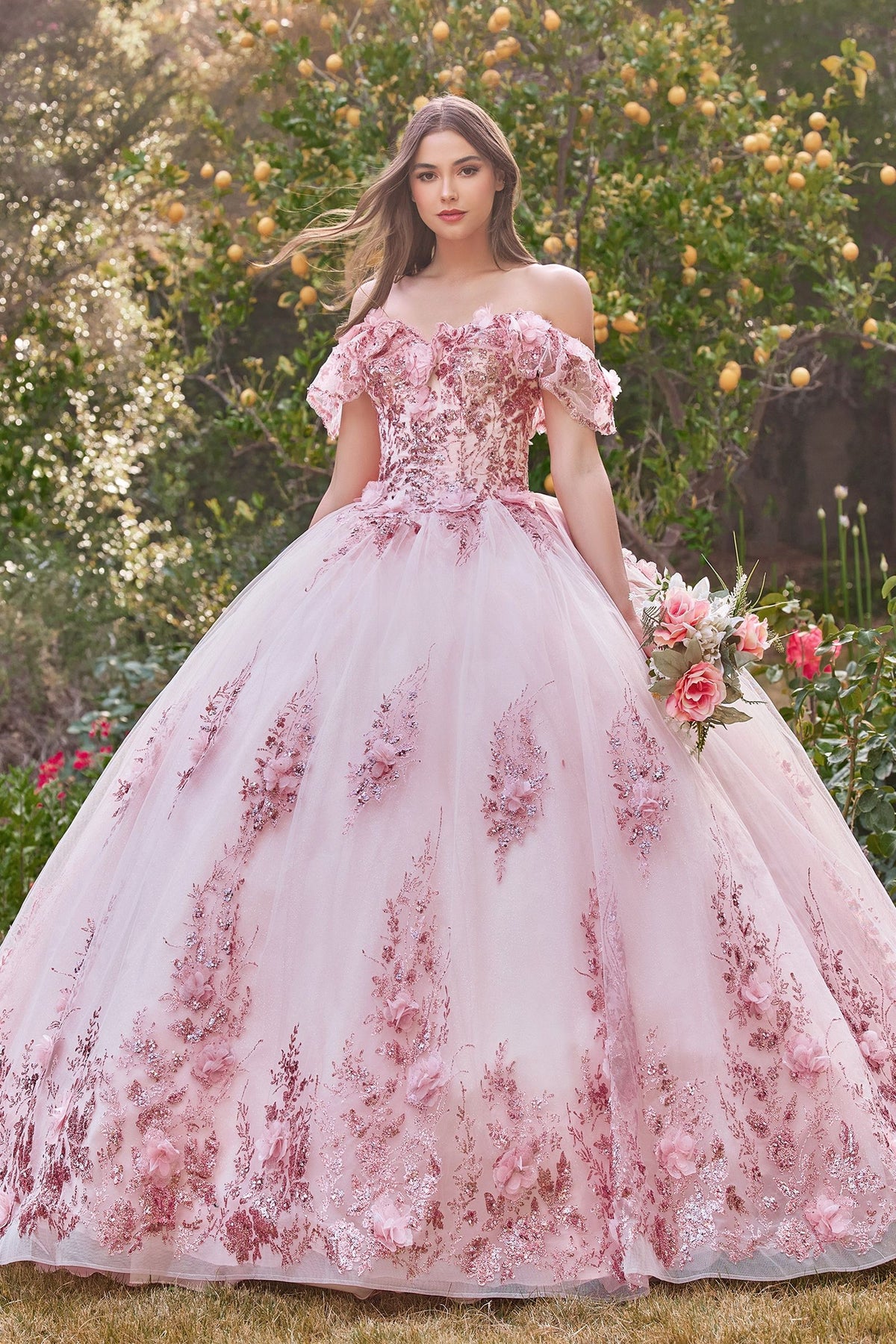 15701 FLORAL OFF THE SHOULDER QUINCE BALL GOWN