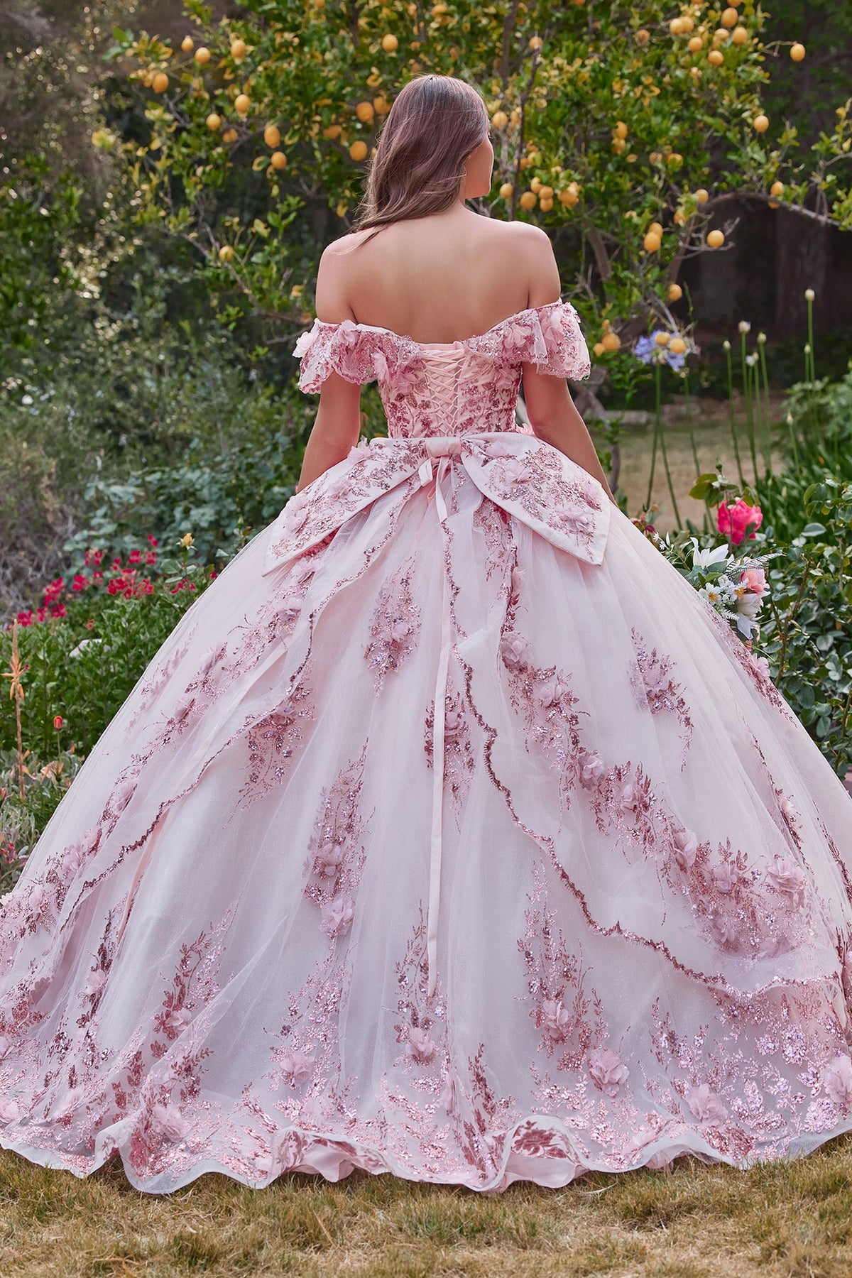 15701 FLORAL OFF THE SHOULDER QUINCE BALL GOWN