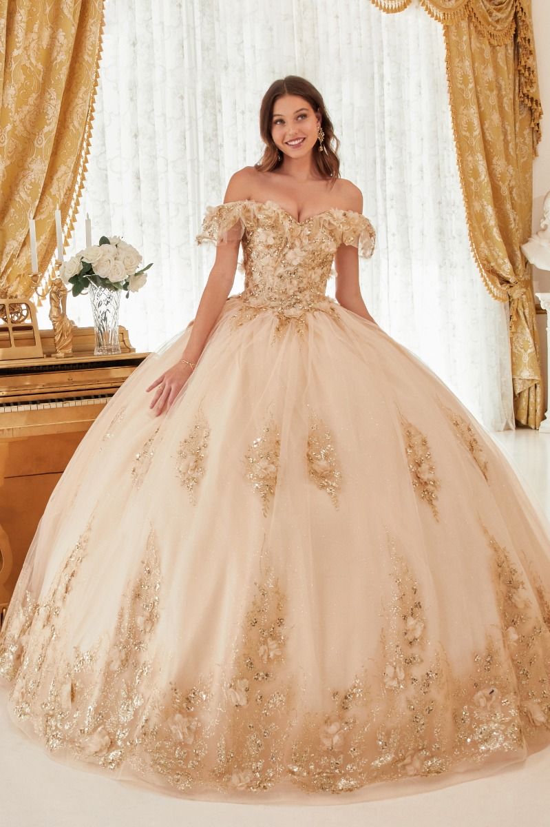 15701 FLORAL OFF THE SHOULDER QUINCE BALL GOWN