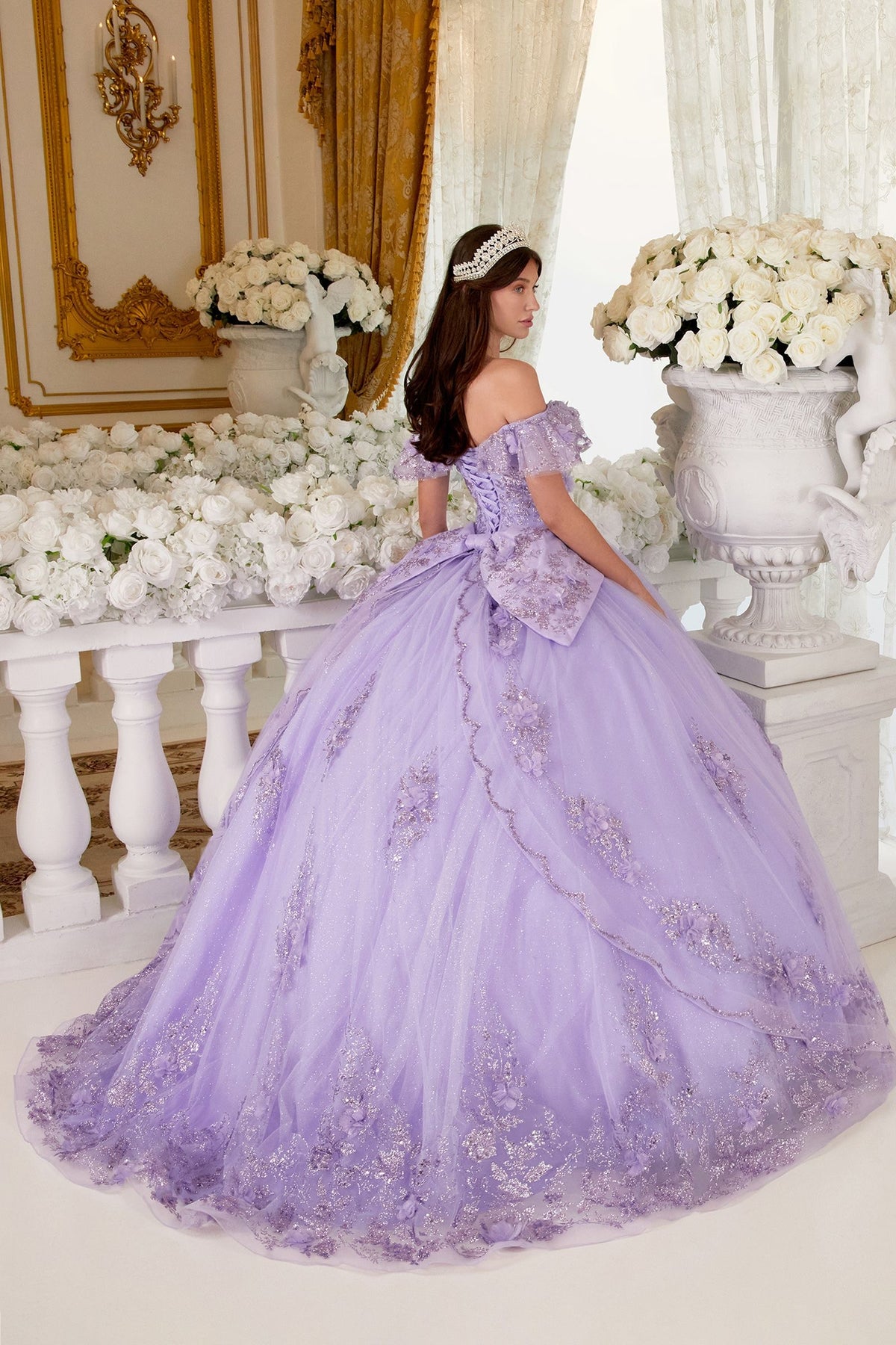 15701 FLORAL OFF THE SHOULDER QUINCE BALL GOWN