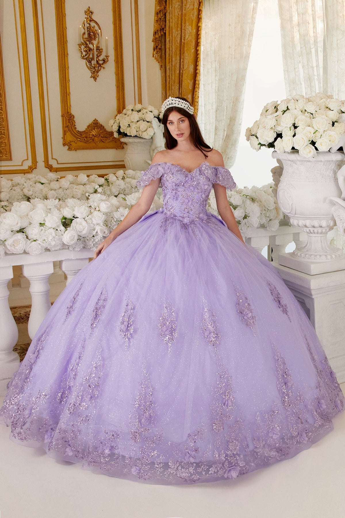 15701 FLORAL OFF THE SHOULDER QUINCE BALL GOWN