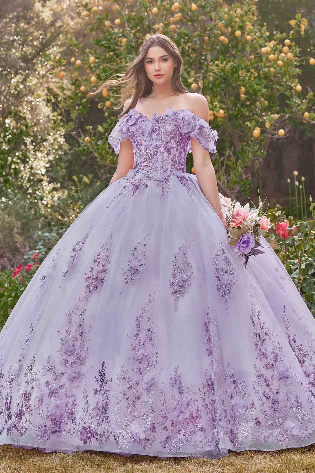 Ladivine 15701 Floral Off the Shoulder A-line Quince Ball Gown