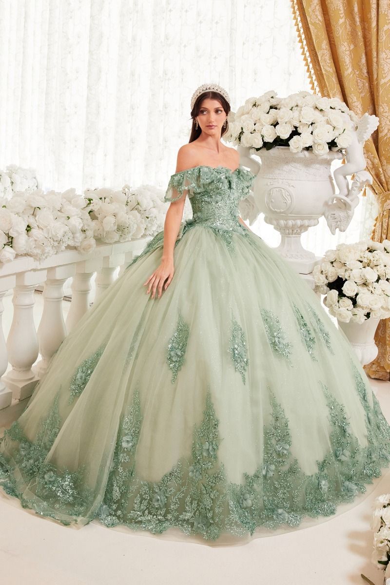 15701 FLORAL OFF THE SHOULDER QUINCE BALL GOWN