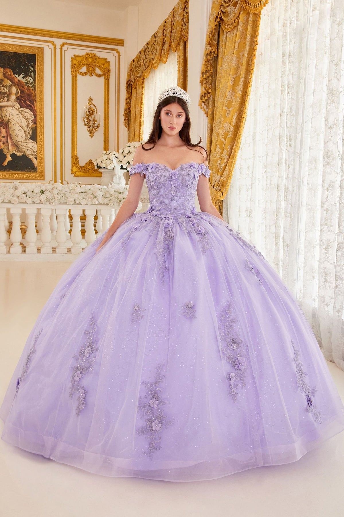 15702 OFF THE SHOULDER FLORAL QUINCE BALL GOWN