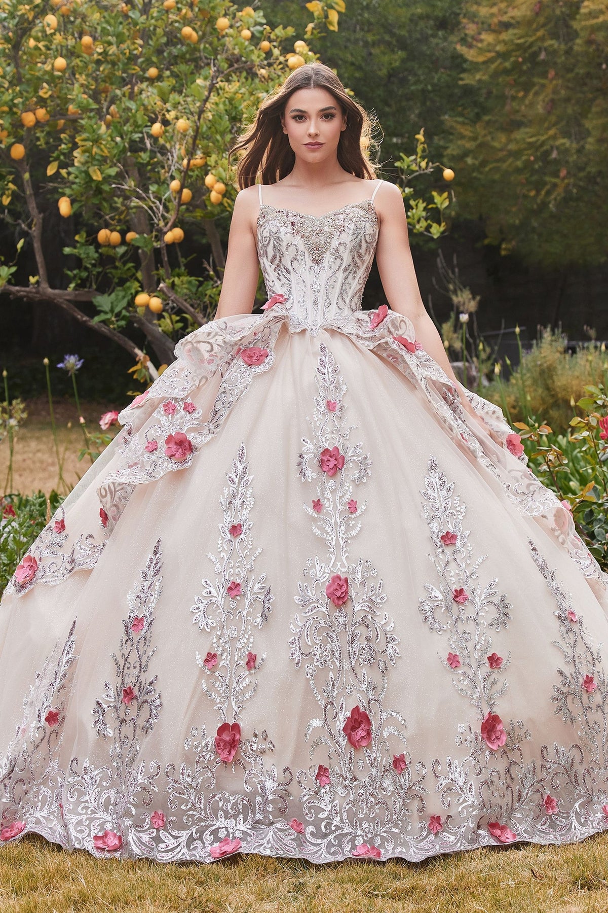 15703 LAYERED TULLE QUINCE BALL GOWN WITH FORAL APPLIQUE