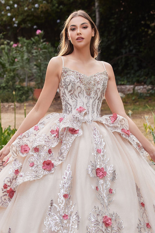 15703 LAYERED TULLE QUINCE BALL GOWN WITH FORAL APPLIQUE