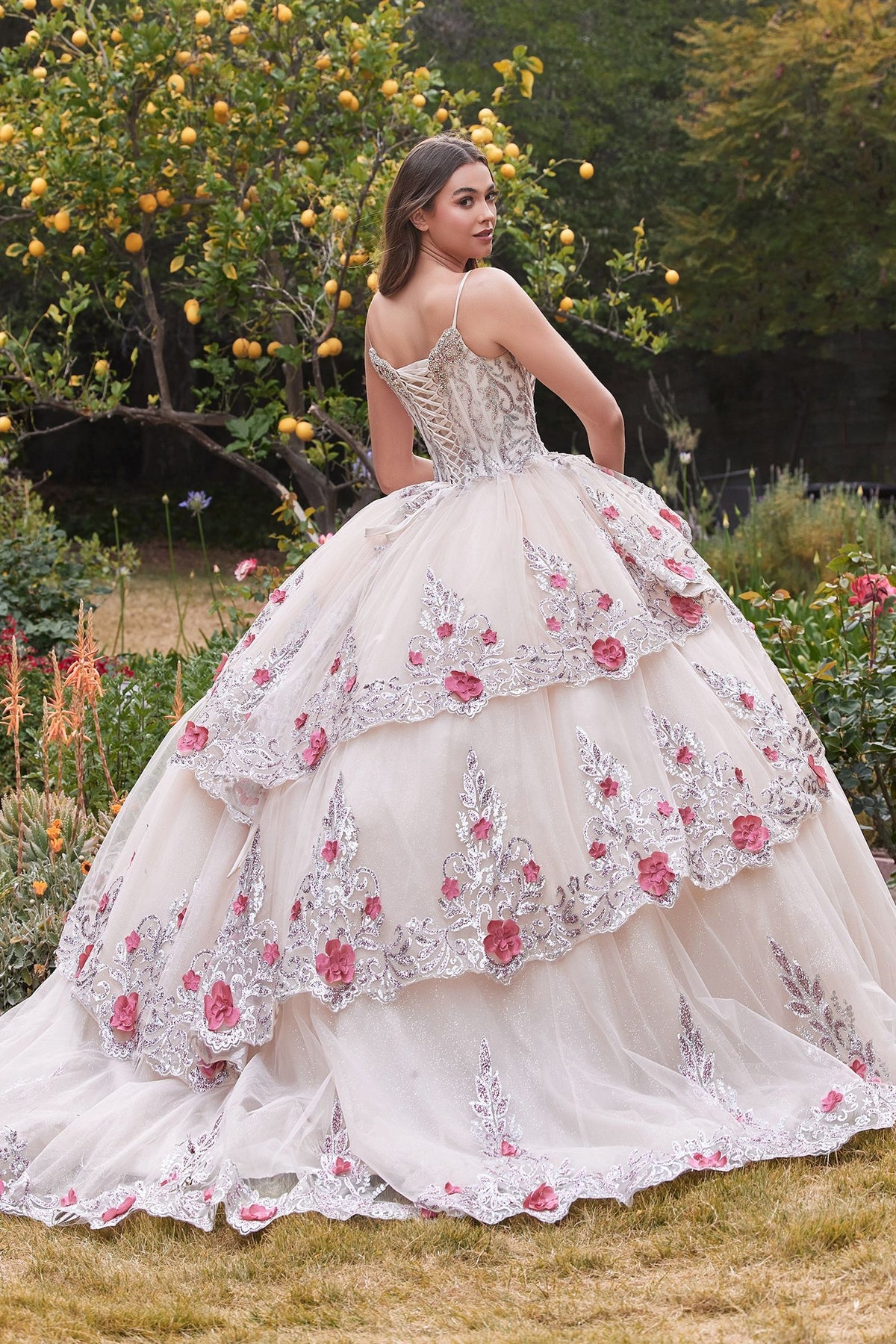 15703 LAYERED TULLE QUINCE BALL GOWN WITH FORAL APPLIQUE