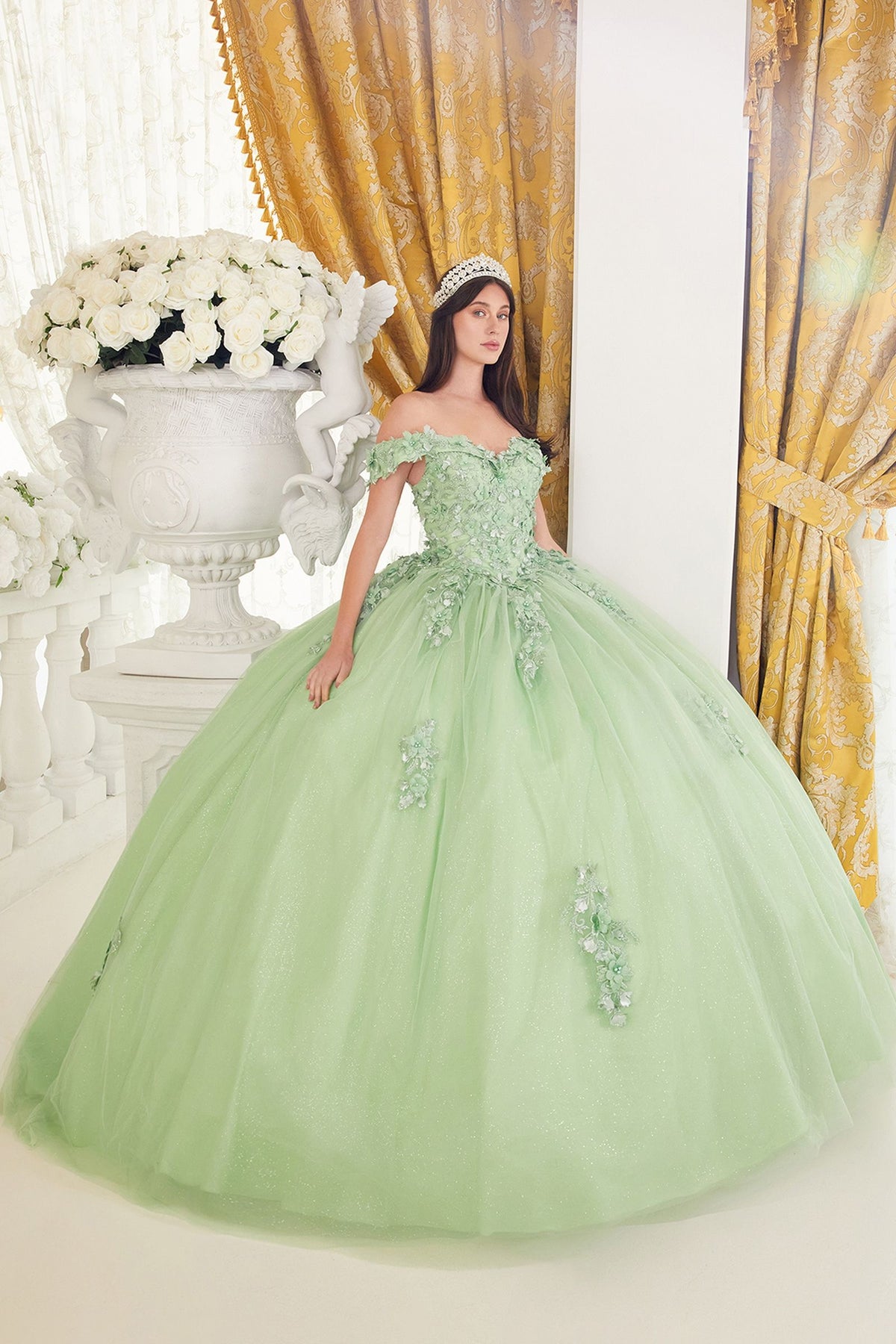 15710 LACE OFF THE SHOULDER LAYERED TULLE BALL GOWN