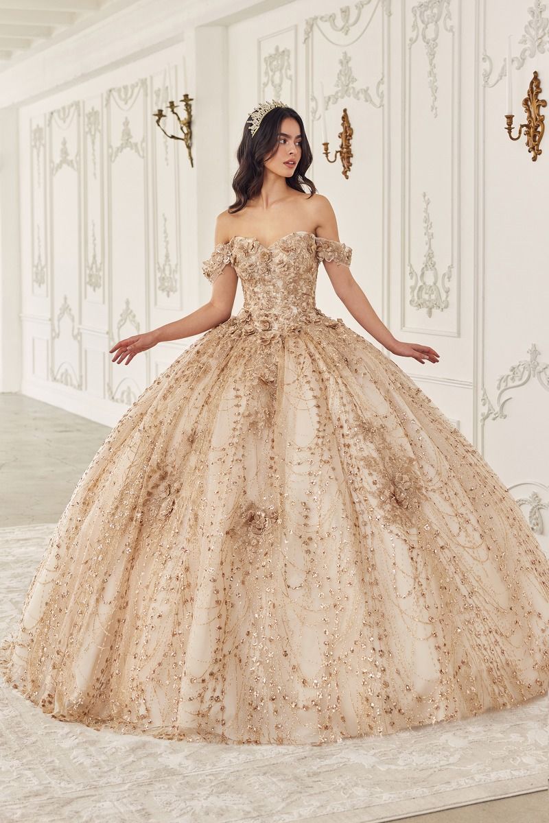 15712 OFF THE SHOULDER GLITTER FLORAL PRINT GOLD BALL GOWN