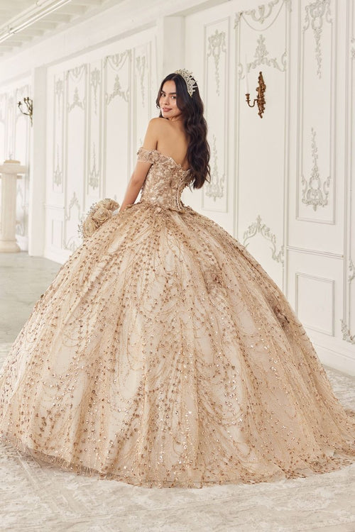 15712 OFF THE SHOULDER GLITTER FLORAL PRINT GOLD BALL GOWN