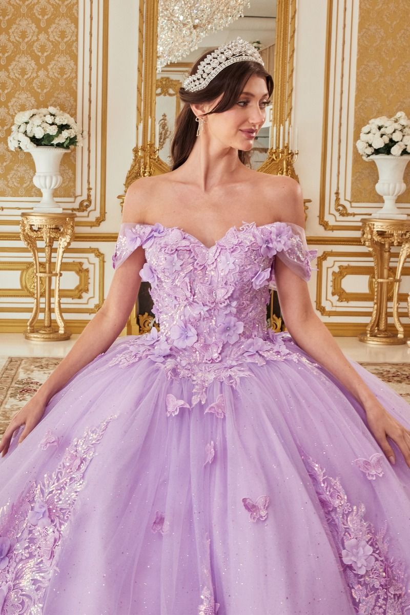 15713 OFF THE SHOULDER FLORAL APPLIQUED BALL GOWN