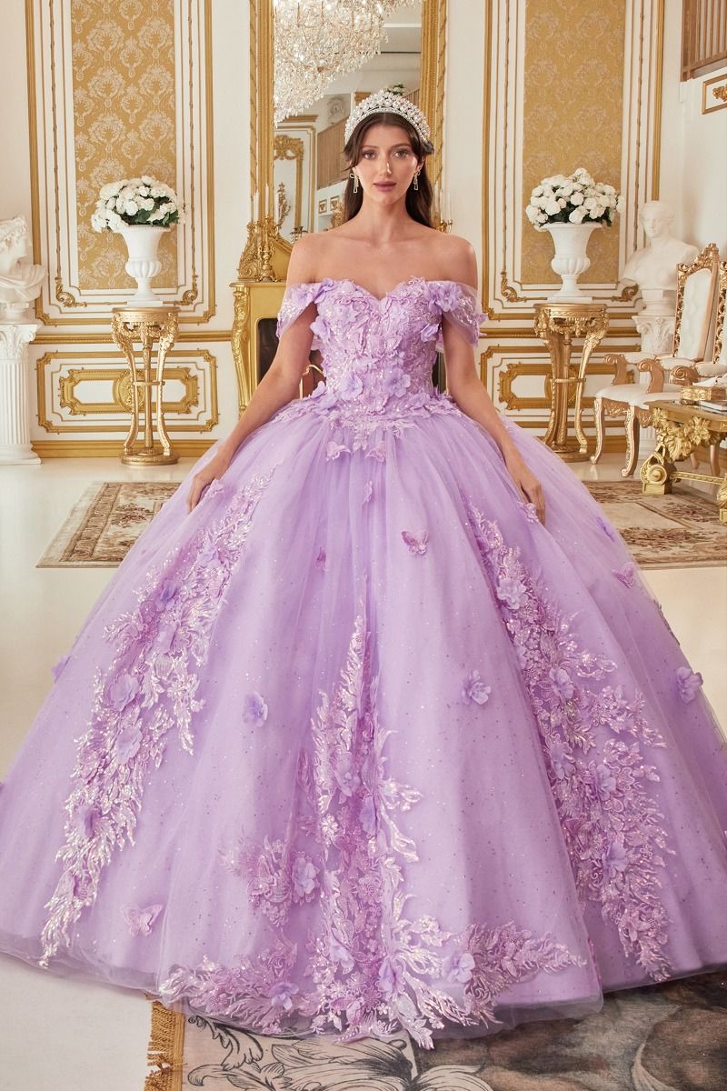 15713 OFF THE SHOULDER FLORAL APPLIQUED BALL GOWN