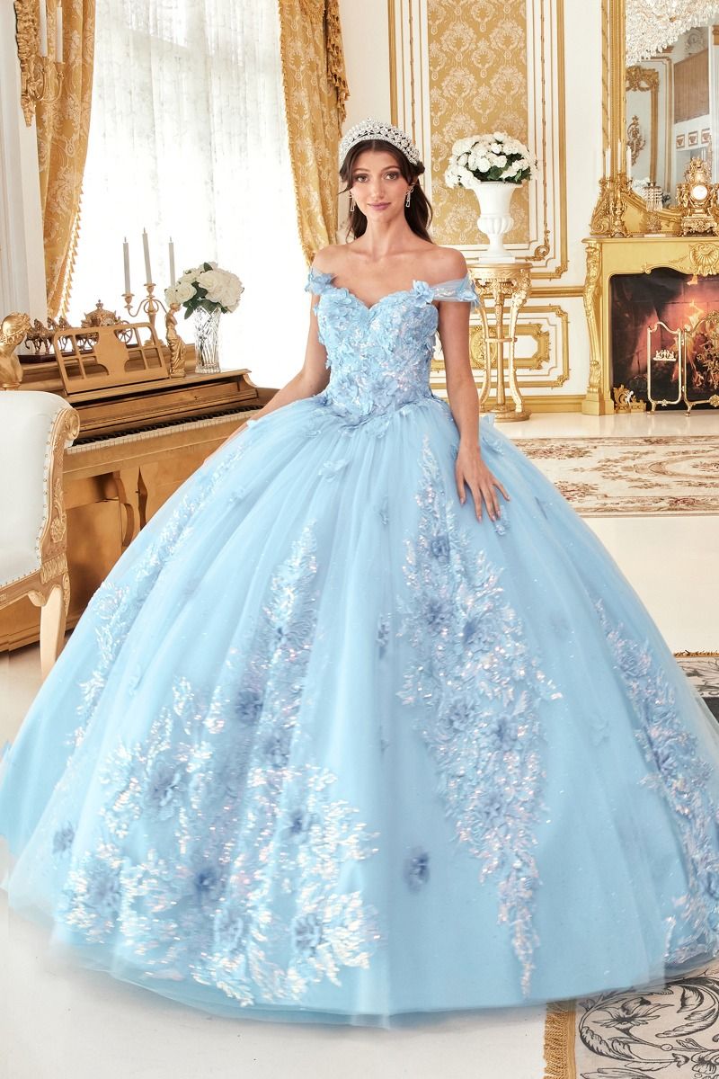 15713 OFF THE SHOULDER FLORAL APPLIQUED BALL GOWN