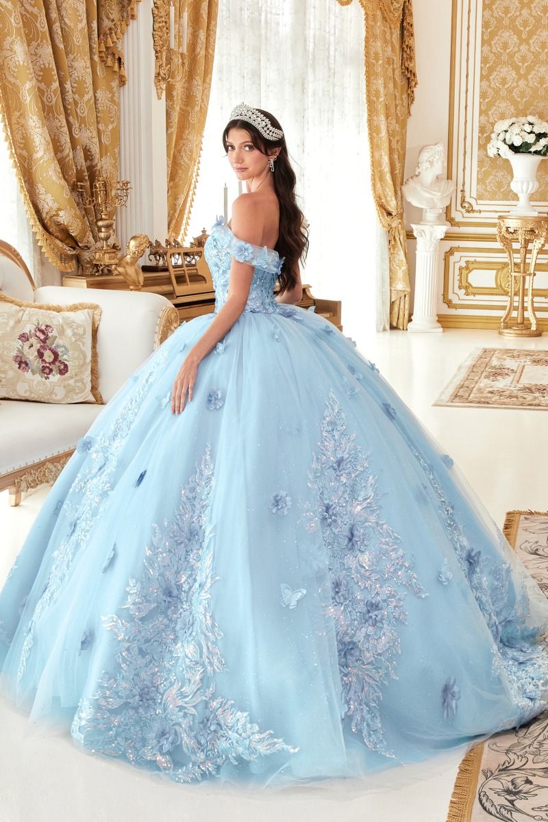 15713 OFF THE SHOULDER FLORAL APPLIQUED BALL GOWN