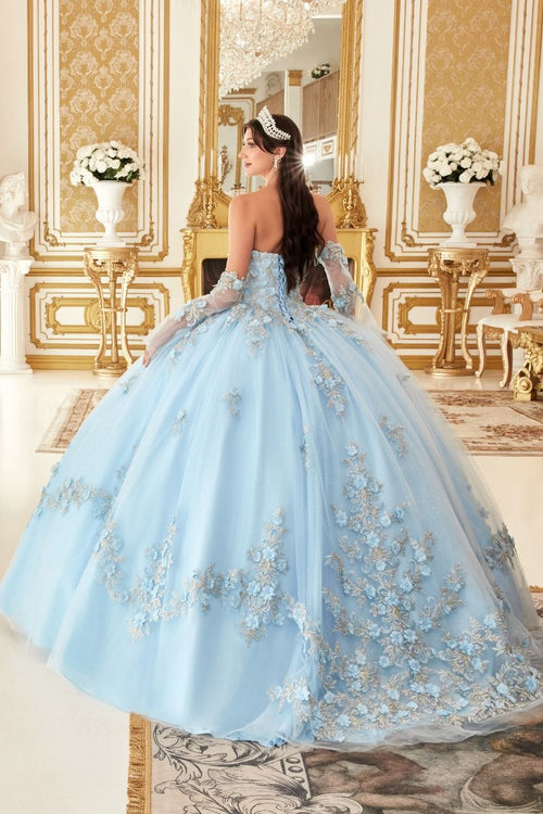15714 LAYERED TULLE BALL GOWN WITH FLORAL APPLIQUE