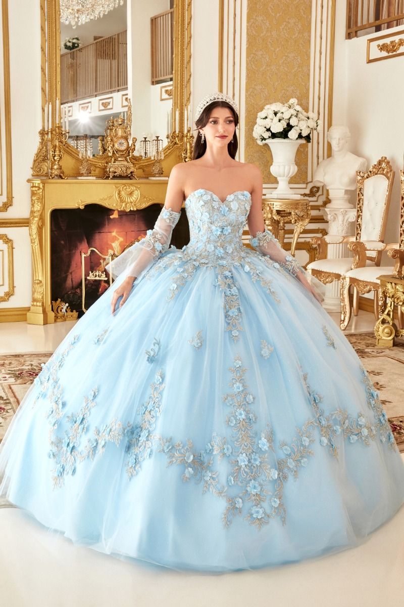 15714 LAYERED TULLE BALL GOWN WITH FLORAL APPLIQUE