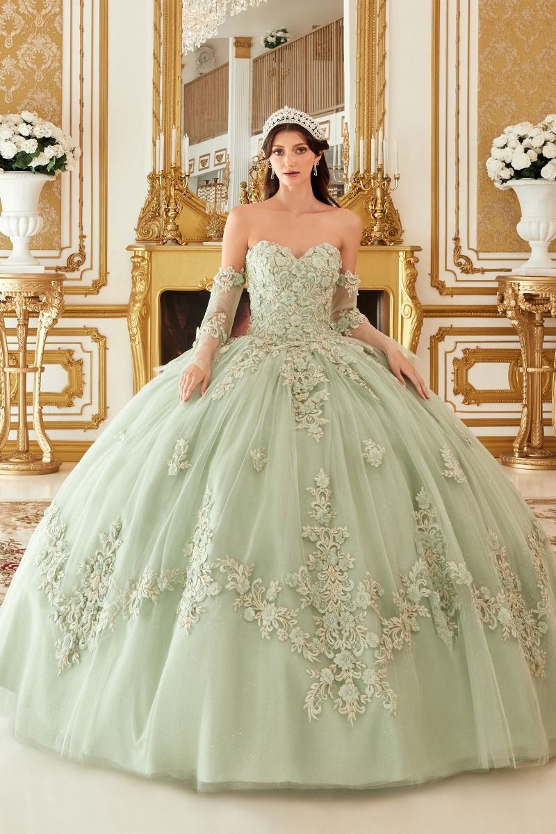 15714 LAYERED TULLE BALL GOWN WITH FLORAL APPLIQUE