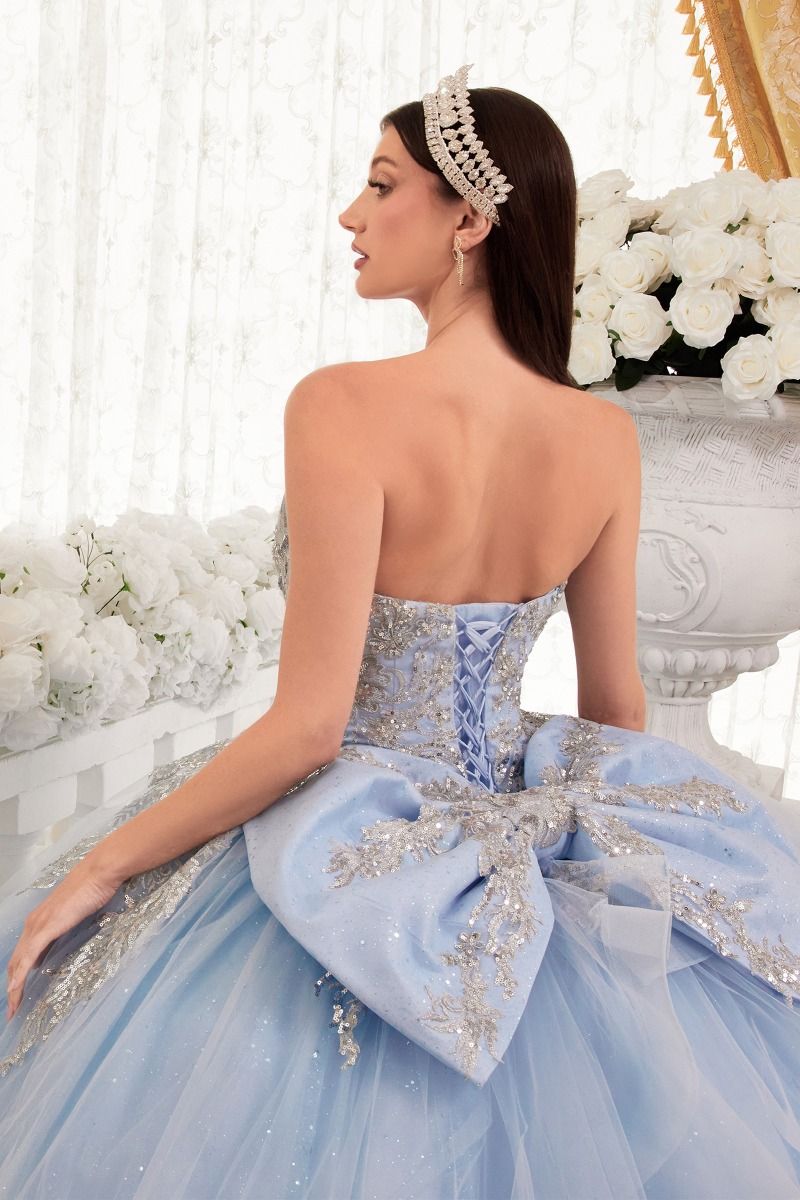 15715 STRAPLESS LAYERED BALL GOWN WITH BOW DETAIL