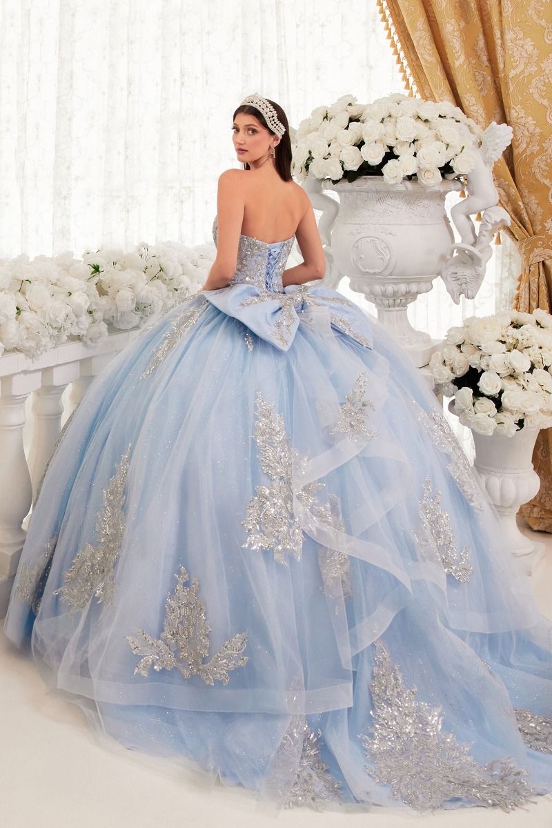 15715 STRAPLESS LAYERED BALL GOWN WITH BOW DETAIL