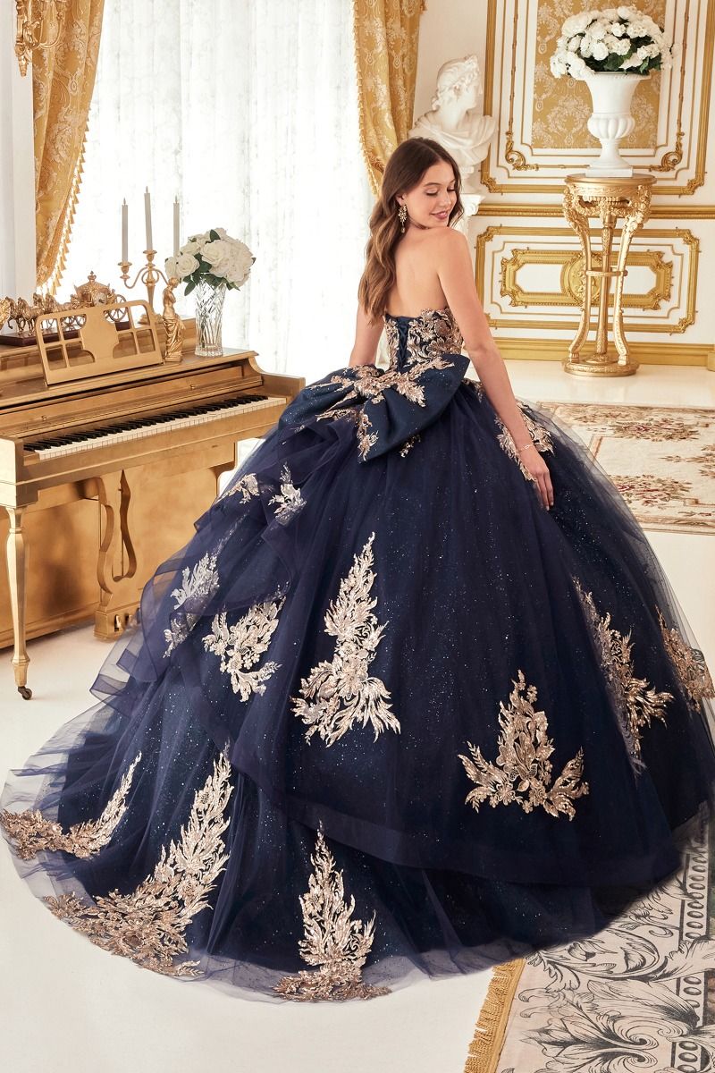 15715 STRAPLESS LAYERED BALL GOWN WITH BOW DETAIL