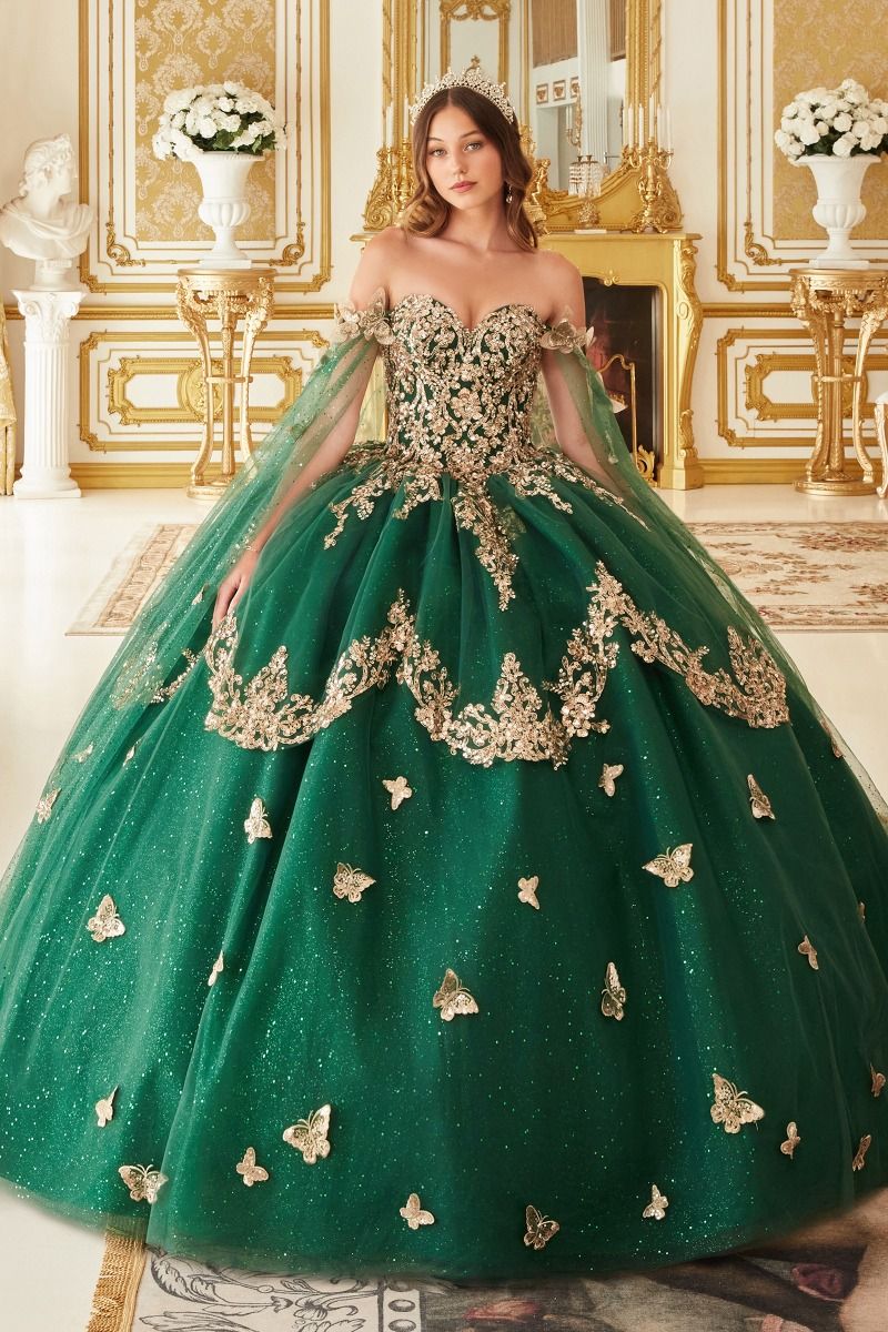 15721 STRAPLESS LAYERED TULLE EMERALD BALL GOWN