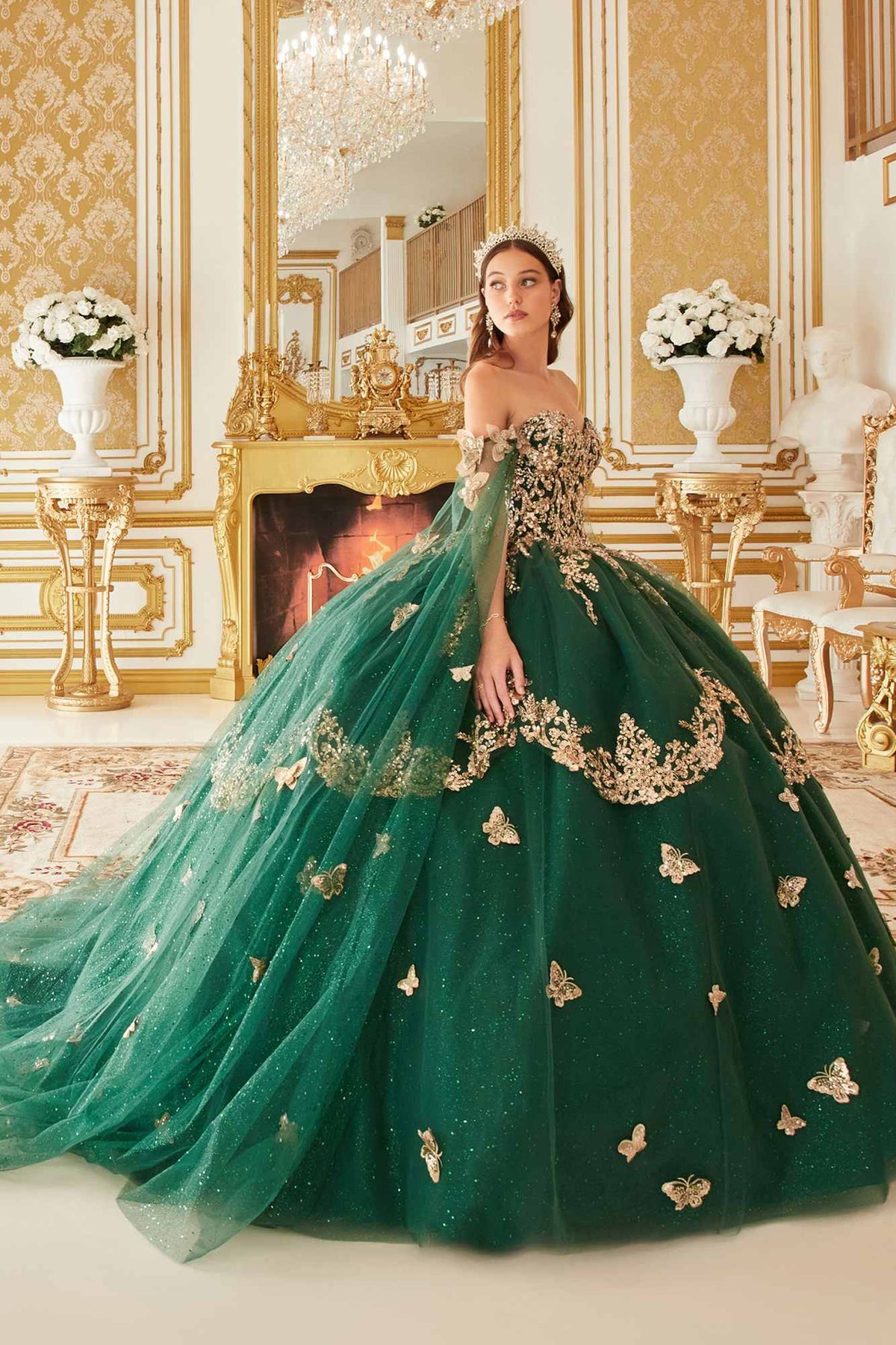 Ladivine 15721 Long Strapless Tulle Cape Sleeve Ball Gown
