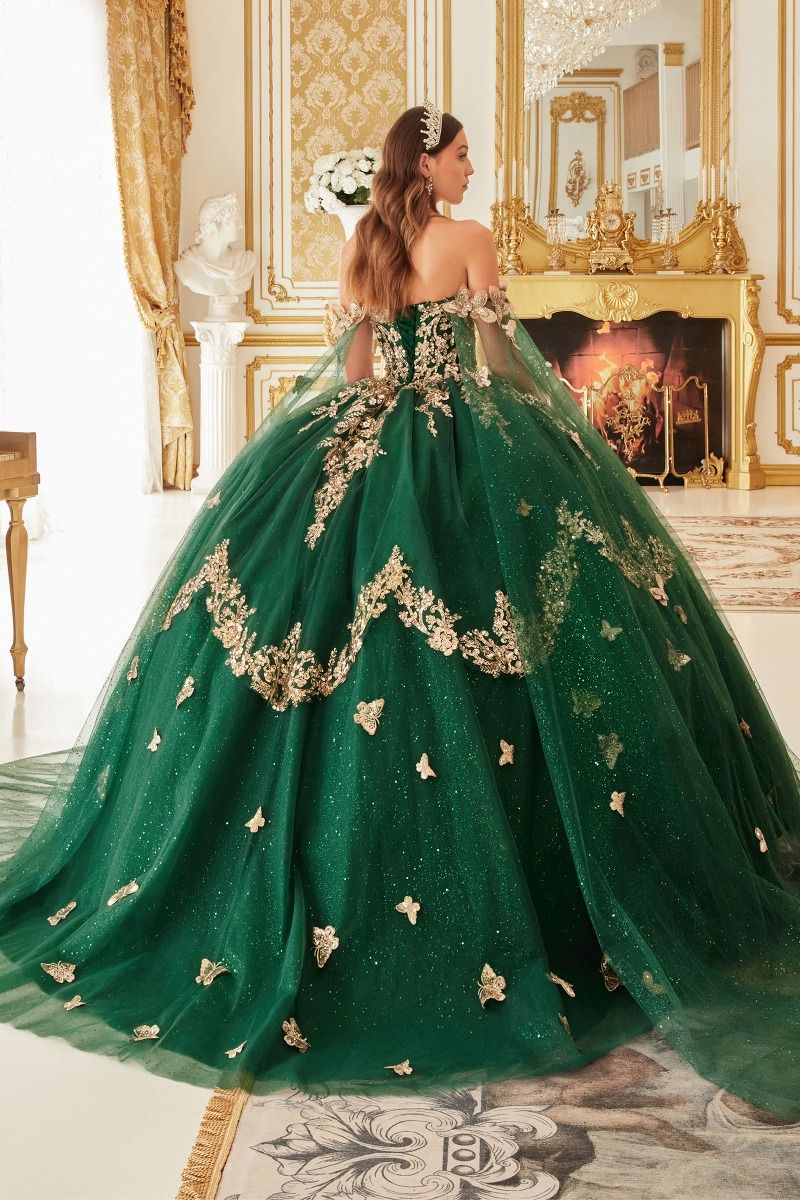 15721 STRAPLESS LAYERED TULLE EMERALD BALL GOWN