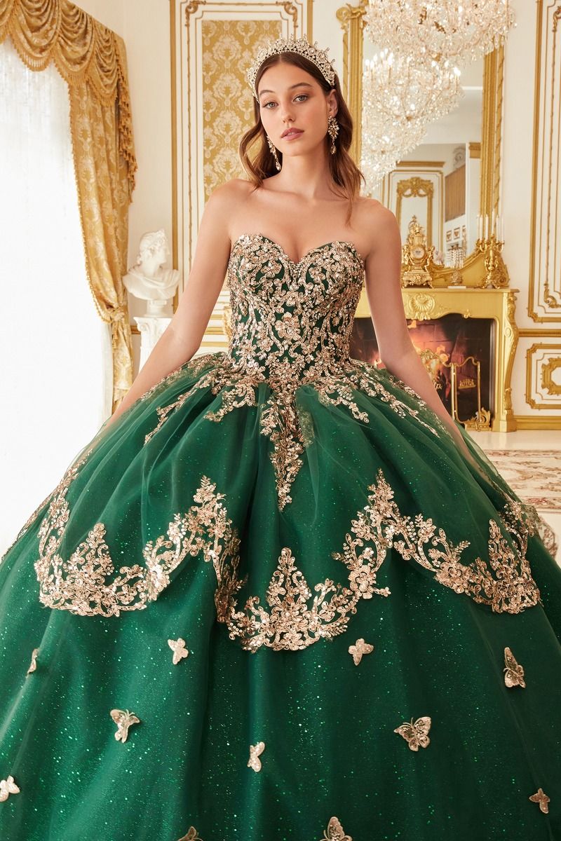 15721 STRAPLESS LAYERED TULLE EMERALD BALL GOWN